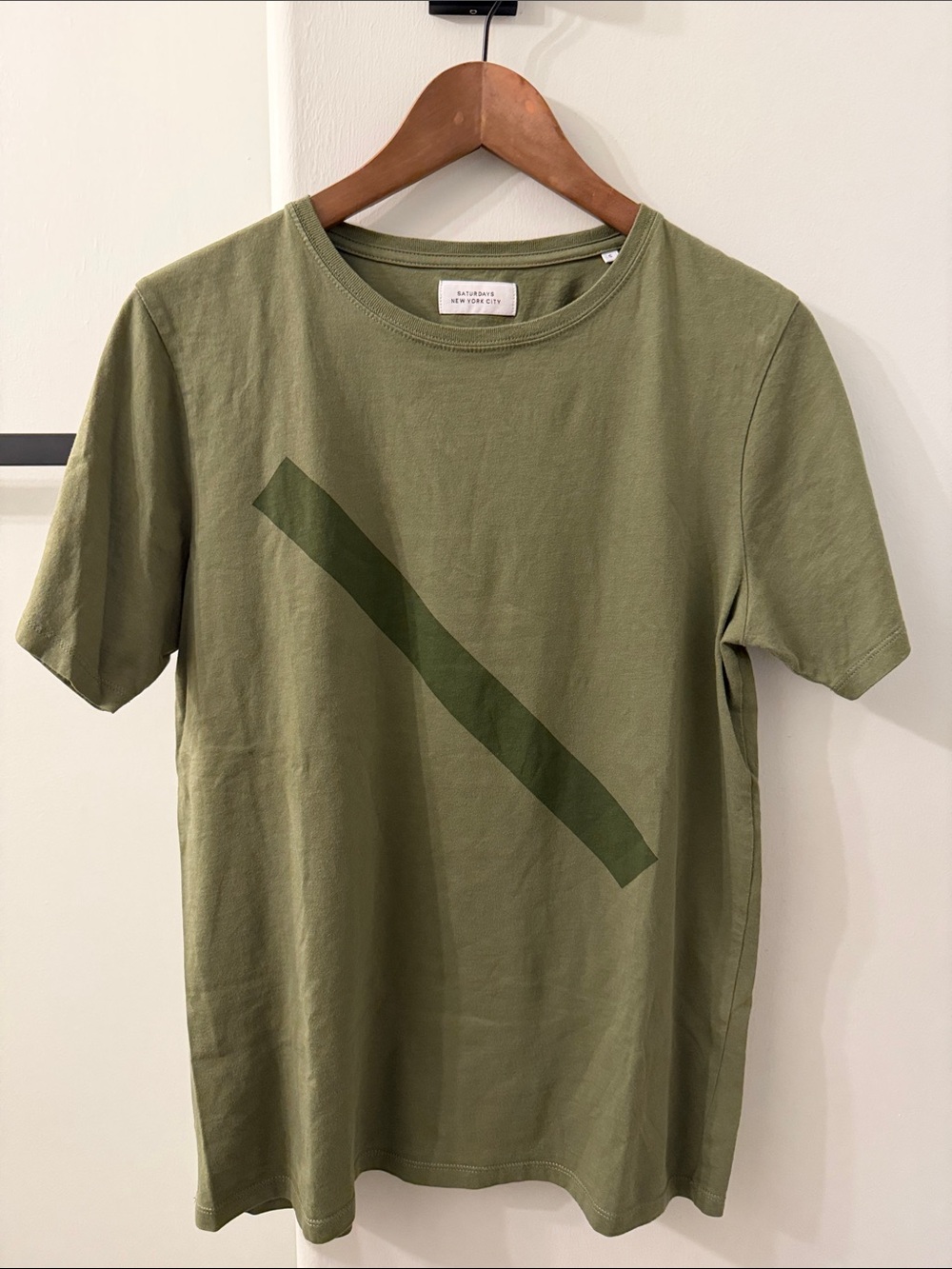 Saturdays New York City Olive Green Short Sleeve Tee with Dark Diagonal Stripe